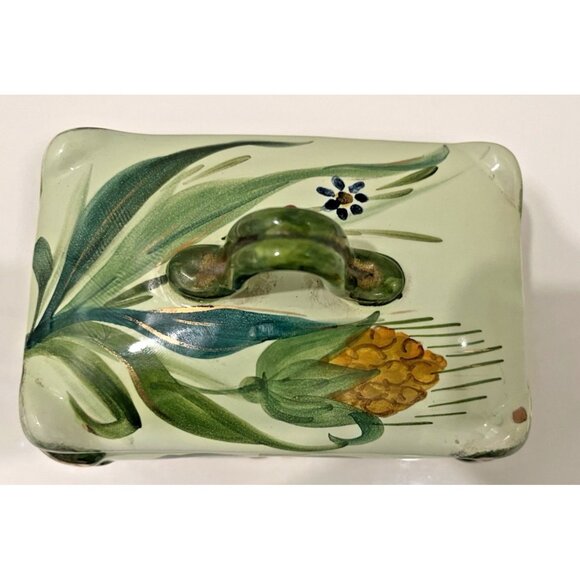 MCM Italy Hand Painted Trinket Dish Lidded Numbered Green Gold Vintage Rectangle - Picture 3 of 14